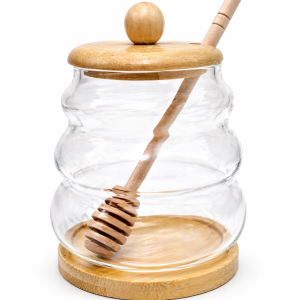 Glass & Wood Honey Jar 500ML Round Corner